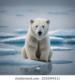 A white polar bear stands majestically against a backdrop of icy blue waters and shimmering ice floes. Its thick, white fur, which appears almost fluffy, provides excellent insulation against the frig