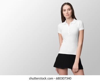 White Polo On A Young Woman In Black Skirt, Isolated, With Copy Space, Mockup.