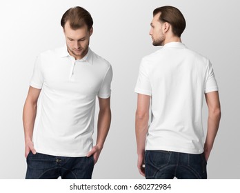 White polo, shirt, on a young man in jeans, isolated, front and back, mockup.