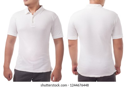 White polo t-shirt mock up, front and back view, isolated. Male model wear plain white shirt mockup. Polo shirt design template. Blank tees for print - Shutterstock ID 1244676448