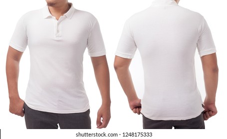 White polo t-shirt mock up, front and back view, isolated. Male model wear plain white shirt mockup. Polo shirt design template. Blank tees for print - Shutterstock ID 1248175333