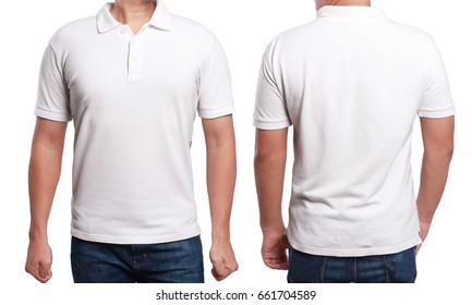 White polo t-shirt mock up, front and back view, isolated. Male model wear plain white shirt mockup. Polo shirt design template. Blank tees for print - Shutterstock ID 661704589