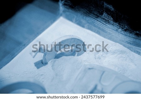 White polyamide powder and object on 3D printed from white polyamide powder close-up. Polyamide powder for creating objects on 3D printer. Additive MJF Multi Jet Fusion technologies. Thermoplastic