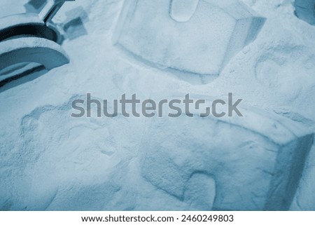 White polyamide powder and object on 3D printed from white polyamide powder close-up. Polyamide powder for creating objects on 3D printer. Additive MJF Multi Jet Fusion technologies. Thermoplastic