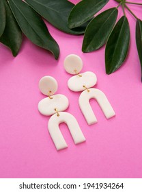 White Polymer Clay Statement Earrings Clean Product Photos On Pink Blue Background