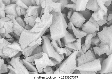 White Polyurethane Foam Rubber Pieces Background Texture. Stuffing For Pillows And Furniture