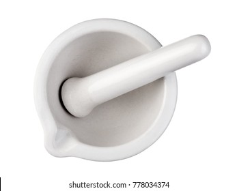 White porcelain lab mortar and pestle, top view