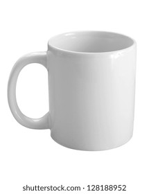 White Porcelain Mug With A Big Handle On The Left Isolated On White Background