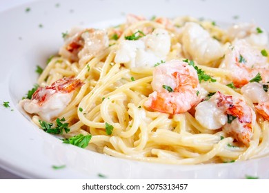 White Porcelain Plate Tuscan Seafood Dish Shrimp Lobster Spaghetti Pasta Noodles Creamy Alfredo Sauce Garnish Green Parsley Isolated