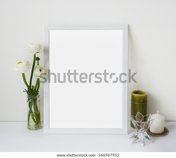 White Poster Mockup Tender Flowers Ranunculus Stock Photo Edit