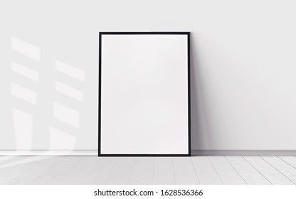 White Poster On Floor With Blank Frame Mockup For You Design. Layout Mockup.