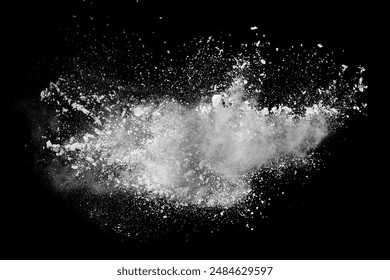 White powder explosion on black background. Colored cloud. Colorful dust explode. Paint Holi.