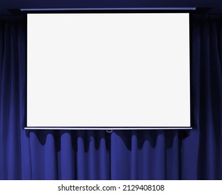 White Projection Screen For Projectors. On The Background Of Soft Grey Curtains.