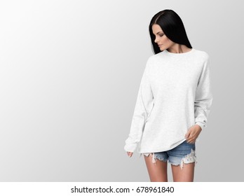 White Pullover On A Young Woman In Shorts, Isolated, With Copy Space, Mockup.