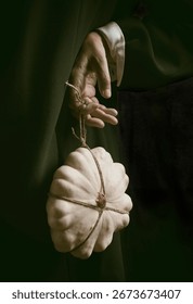 white pumpkin tied with string and hanging from one hand III, spain