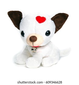 White Puppy (dog) Doll Isolated On White With Ring Bell Collar For Decoration And Graphic Usage