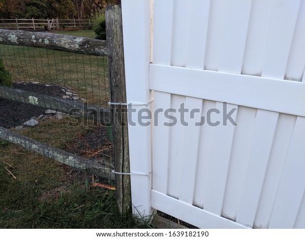 White PVC fence needs repairs, sistered with zip\
ties to old wooden fence\
post