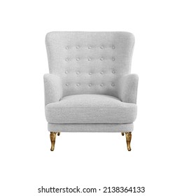 White quilted fabric classical art deco style armchair on decorative brass legs isolated on white background with clipping path. Front view, series of furniture - Powered by Shutterstock