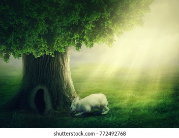 White Rabbit And A Tree With The Hole