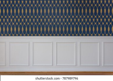 White Rectangle Wood Paneling With Trim Chair Guard, Blue And Gold Interwoven Wallpaper