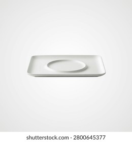 White rectangular ceramic saucer with circular indentation for cup