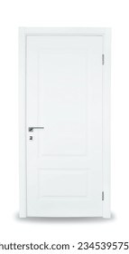 White rectangular door with handle on a white isolated background. 
