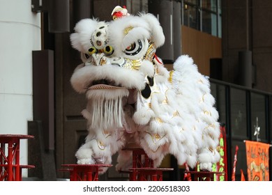 White Red Lion Dance High Pole Jump 2