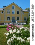 White and red peonies bloom near a house in the small Finnish town of Kerava.