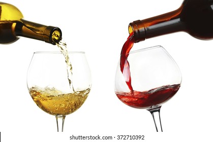 White And Red Wine Pouring In Glasses, Isolated On White