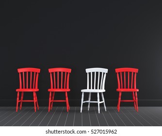 White And Red Wood Chairs In Black Wall Minimal Interior Room With Black Flooring.