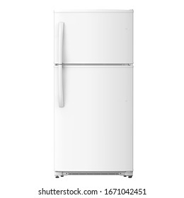 White Refrigerator Isolated on White Background. Modern Top Mount Fridge Freezer. Electric Kitchen and Domestic Major Appliances. Front View of Two Door Top-Freezer Fridge Freezer