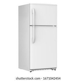 White Refrigerator Isolated On White Background. Modern Top Mount Fridge Freezer. Electric Kitchen And Domestic Major Appliances. Front Side View Of Two Door Top-Freezer Fridge Freezer