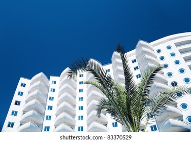 White residential building and palm tree against the dark blue sky - Powered by Shutterstock
