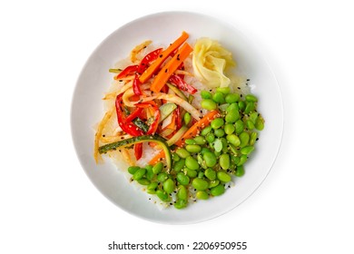 White Rice With Beans And Cooked Vegetables. Balanced, Nutritious, Tasty And Nutritious Food. Ready-made Menu For A Restaurant Or For Delivery. Dish In A White Plate Isolated On A White Background.