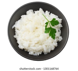 White Rice In Black Bowl Isolated On White Background. Top View