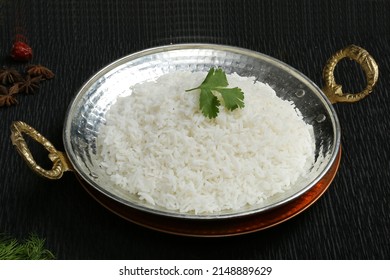 White Rice Bowl Brass Garnished With Mint Leave Black Background 