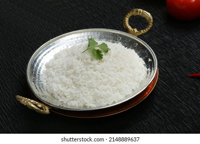 White Rice Bowl Brass Garnished With Mint Leave Black Background 