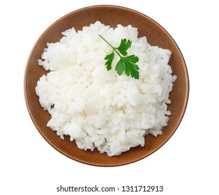 White Rice In Brown Bowl Isolated On White Background. Top View