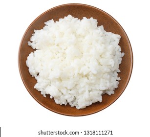 White Rice In Brown Bowl Isolated On White Background. Top View