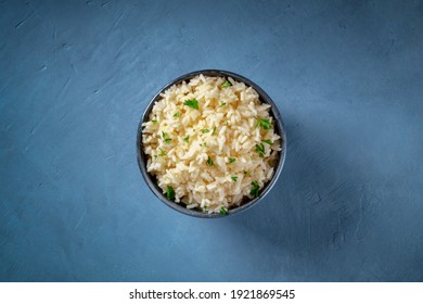 White Rice, Overhead Shot On A Dark Blue Background