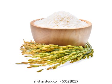 white rice (Thai Jasmine rice) in wooden bowl and unmilled rice isolated on white background