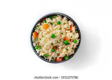 White Rice With Vegetables, Overhead Shot On A White Background