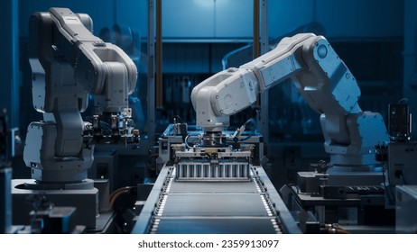 White Robot Arms on Automated EV Battery Components Production Line. Electric Car Battery Pack Manufacturing Process. Conveyor Belt on a Modern Factory. - Shutterstock ID 2359913097