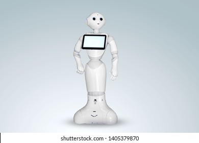 White robot on a white background with a white screen on it.