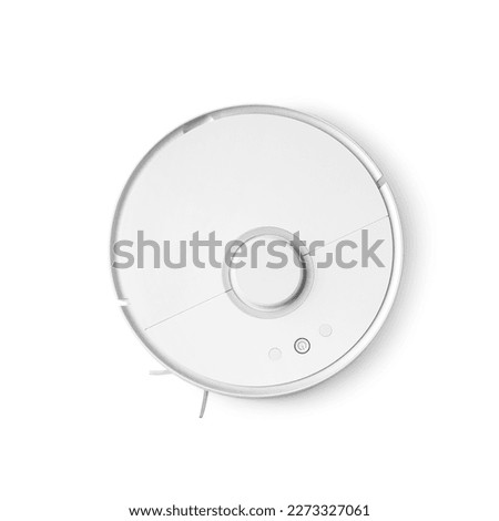 White robot vacuum cleaner isolated on white. Top view of a modern autonomous smart robot vacuum cleaner. Self-propelled cleaning robot. Floor cleaning system. Small appliances and home appliances