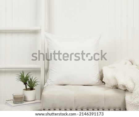 white room bench pillow white mockup front with beautiful background. Ready to replace your design