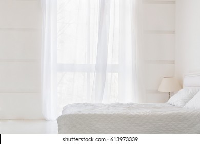 White Room Interior With Big Window And Bed. Abstract White Room