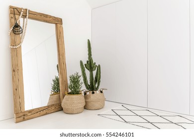 White Room With Mirror With Wooden Frame And Decorative Cactus