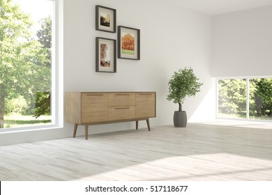 White room with shelf and green landscape in window. Scandinavian interior design. 3D illustration - Shutterstock ID 517118677
