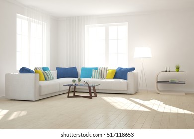 White room with sofa. Scandinavian interior design. 3D illustration - Shutterstock ID 517118653